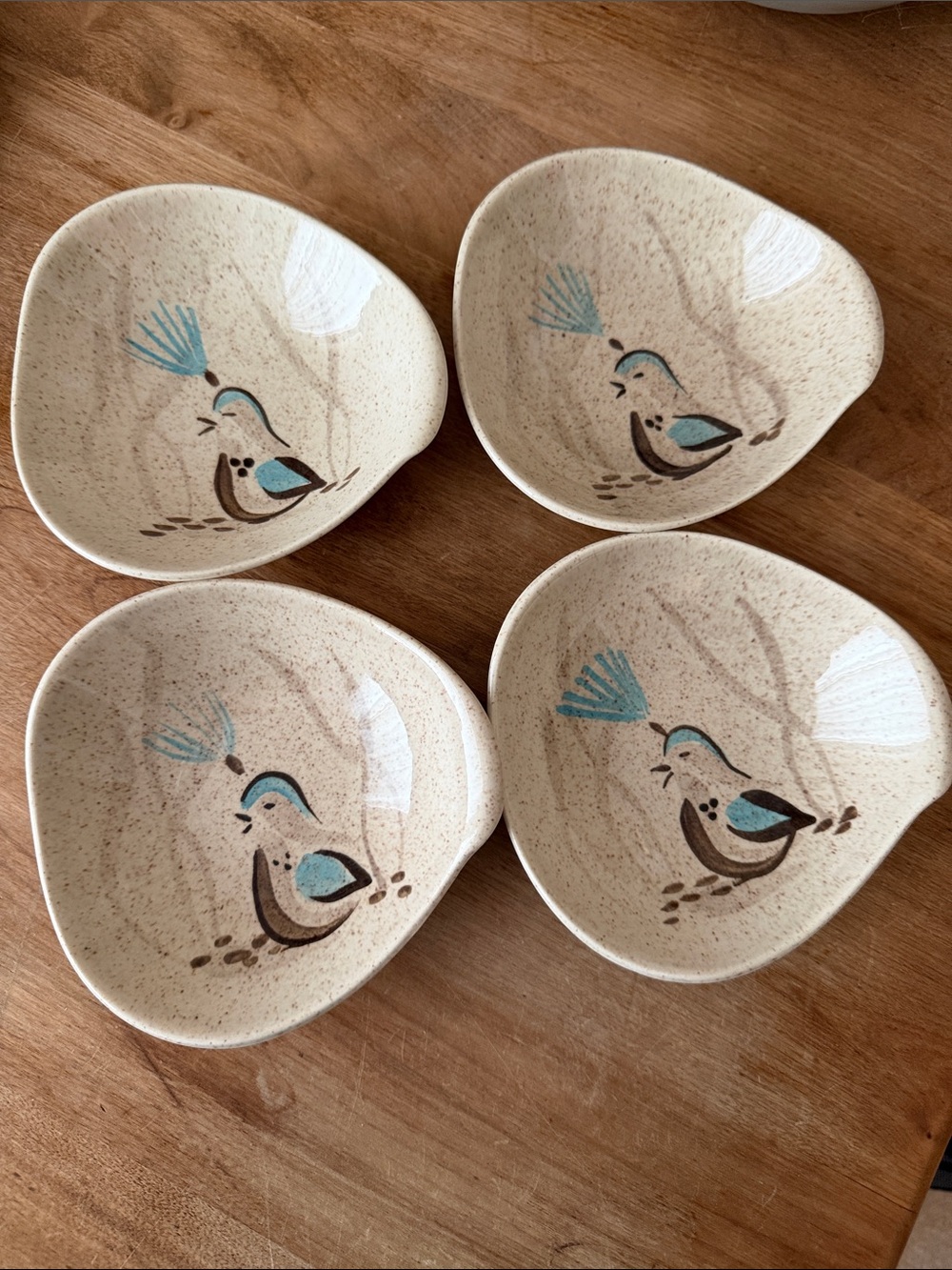 Red Wing Bob White Beige Ceramic Bird Snack Bowls with Blue Accent - Set of 4